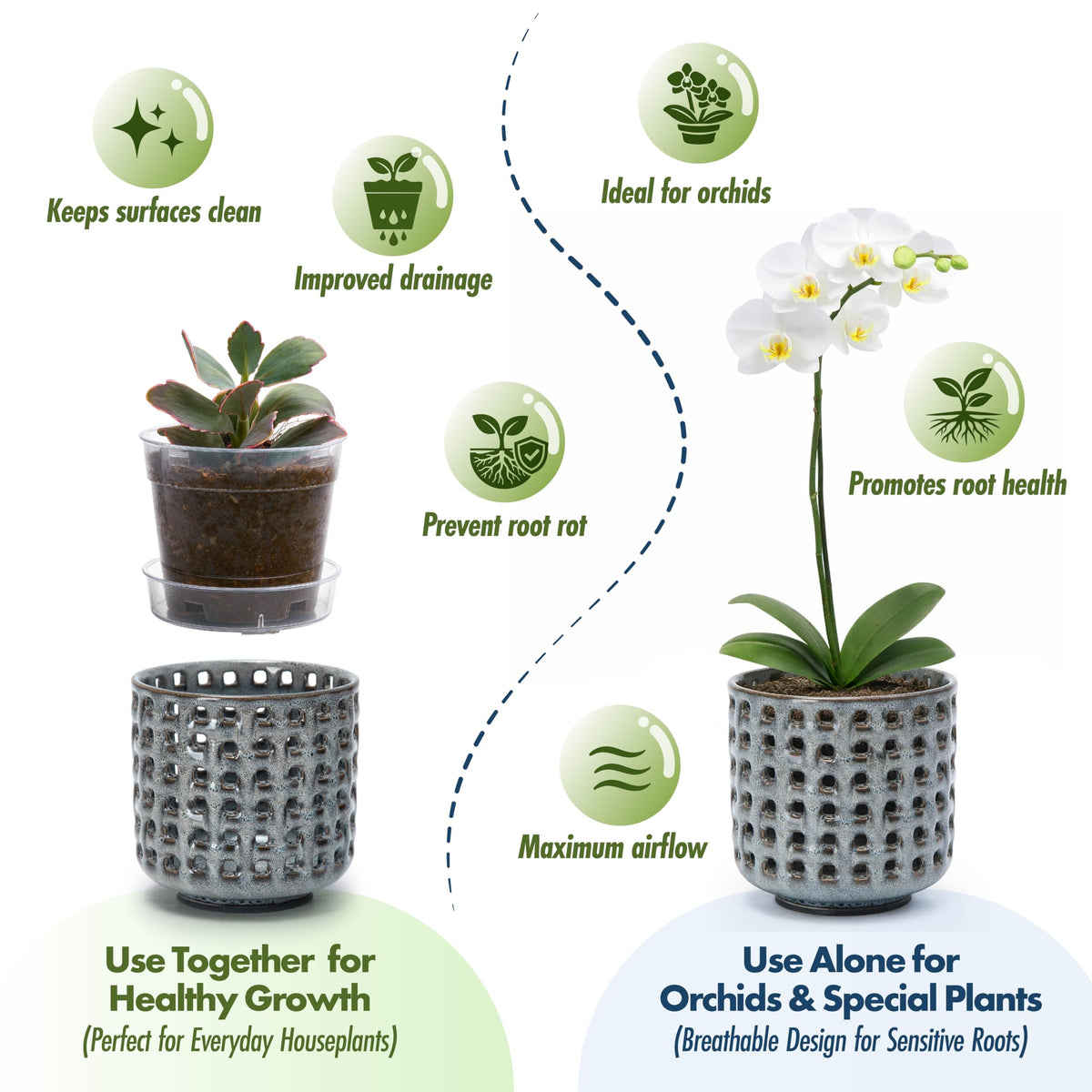 D'vine Dev glazed cachepot with clear nursery pot enhances visual monitoring and drainage