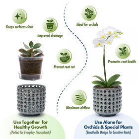 D'vine Dev glazed cachepot with clear nursery pot enhances visual monitoring and drainage