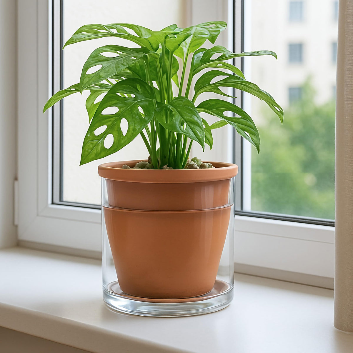 D'vine Dev handcrafted terracotta pot with glass reservoir adds modern flair.