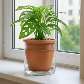 D'vine Dev handcrafted terracotta pot with glass reservoir adds modern flair.