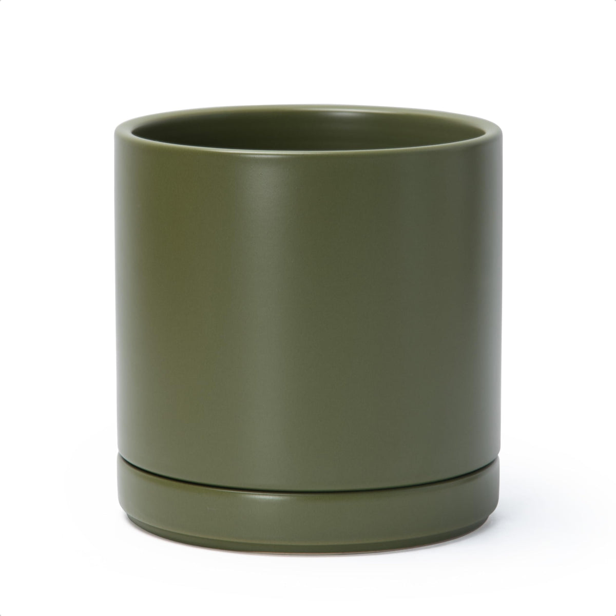 D'vine Dev olive ceramic planter front view with a sleek cylindrical design for indoor spaces.
