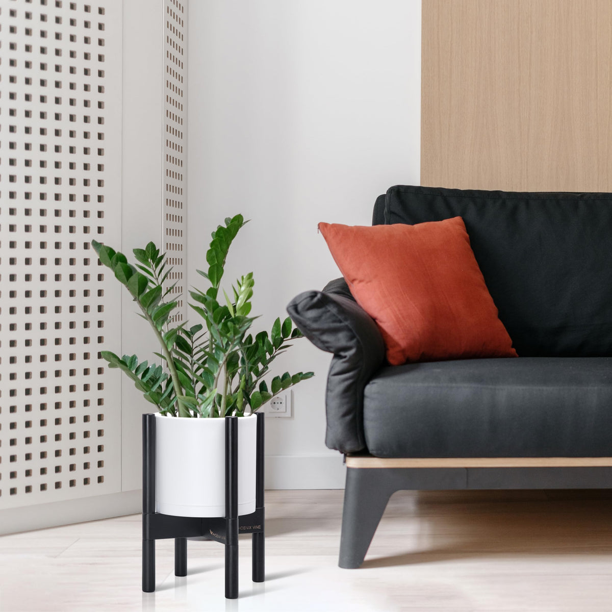 D'vine Dev planter pot and stand side view highlights slim profile for space-saving decor.