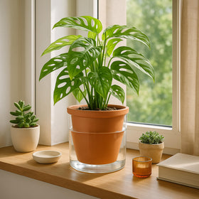 D'vine Dev terracotta pot with glass cup reservoir keeps indoor plant roots hydrated.