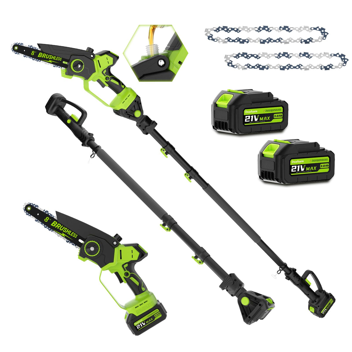 Dwarfuarm 2-in-1 pole saw front view for versatile cutting tasks