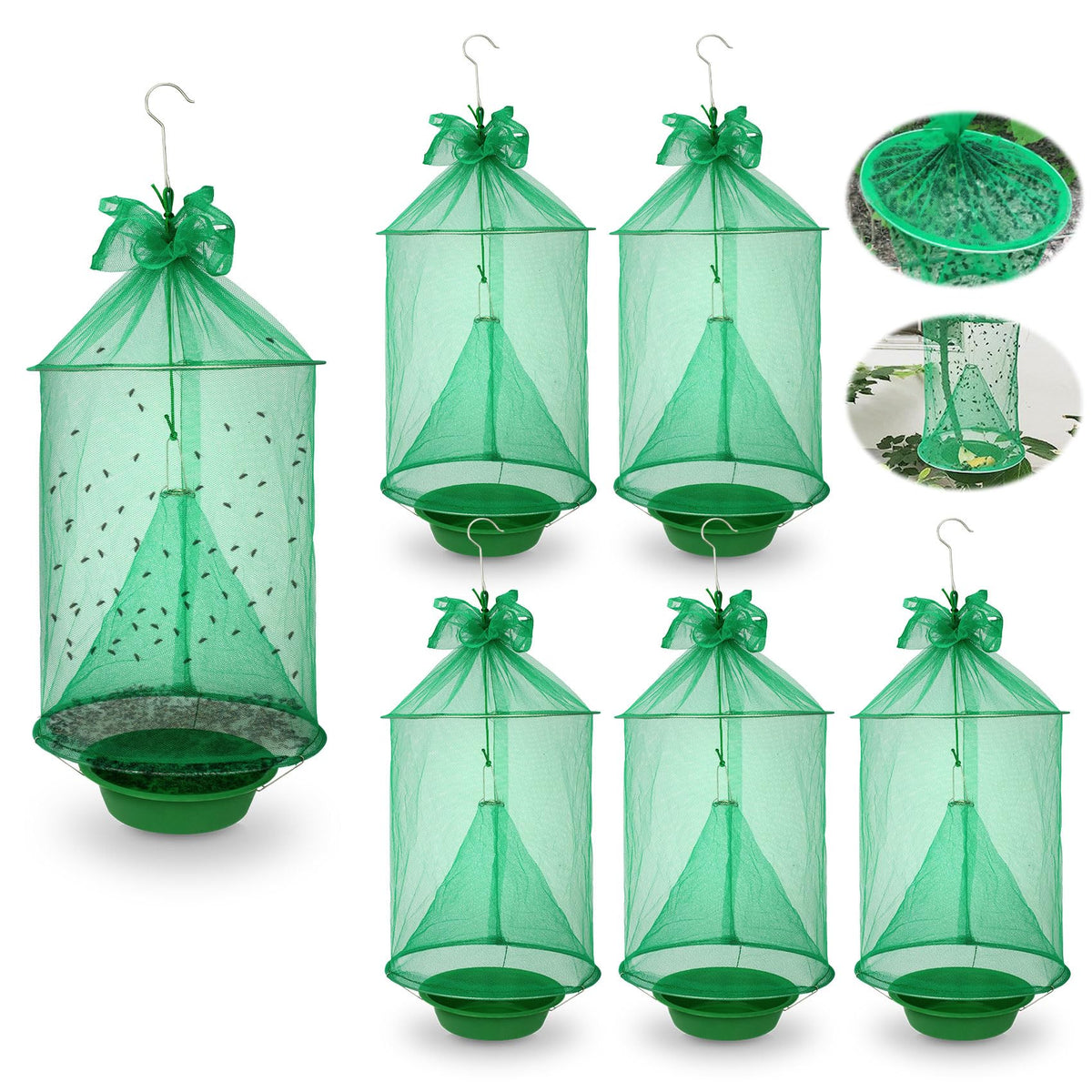 Dwcom Trap 6-pack ranch fly traps hanging in a barn reduces flies using natural attractants.