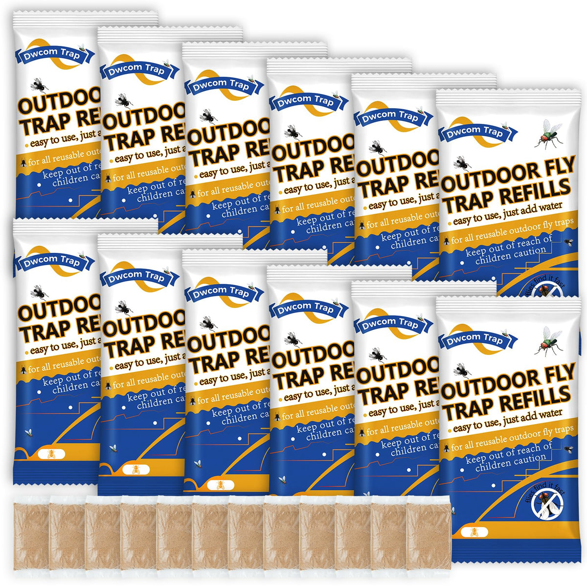 Dwcom Trap fly bait refill close-up shows natural ingredients for outdoor traps.