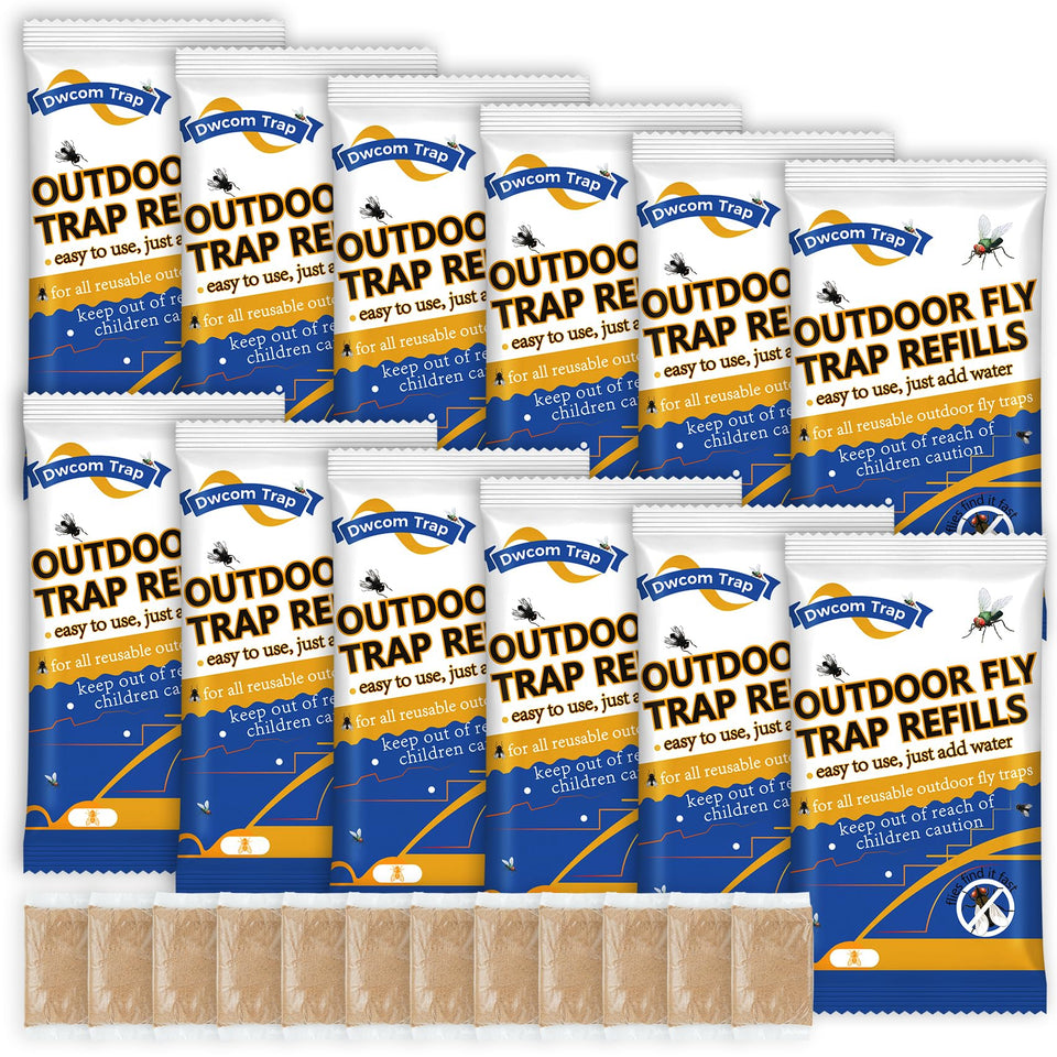 Dwcom Trap fly bait refill close-up shows natural ingredients for outdoor traps.