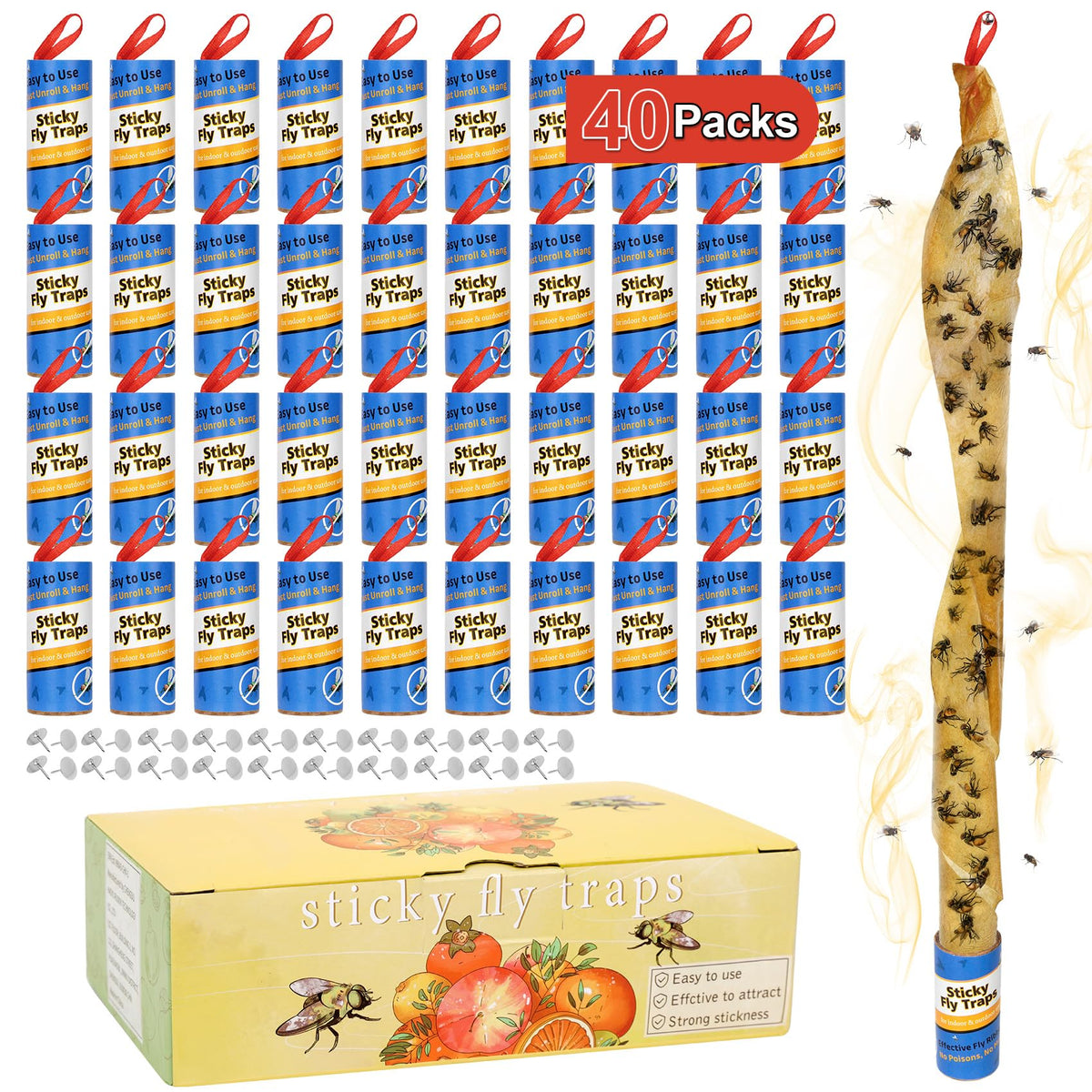 Dwcom Trap indoor fly tape 40 pack captures fruit flies with strong adhesive.