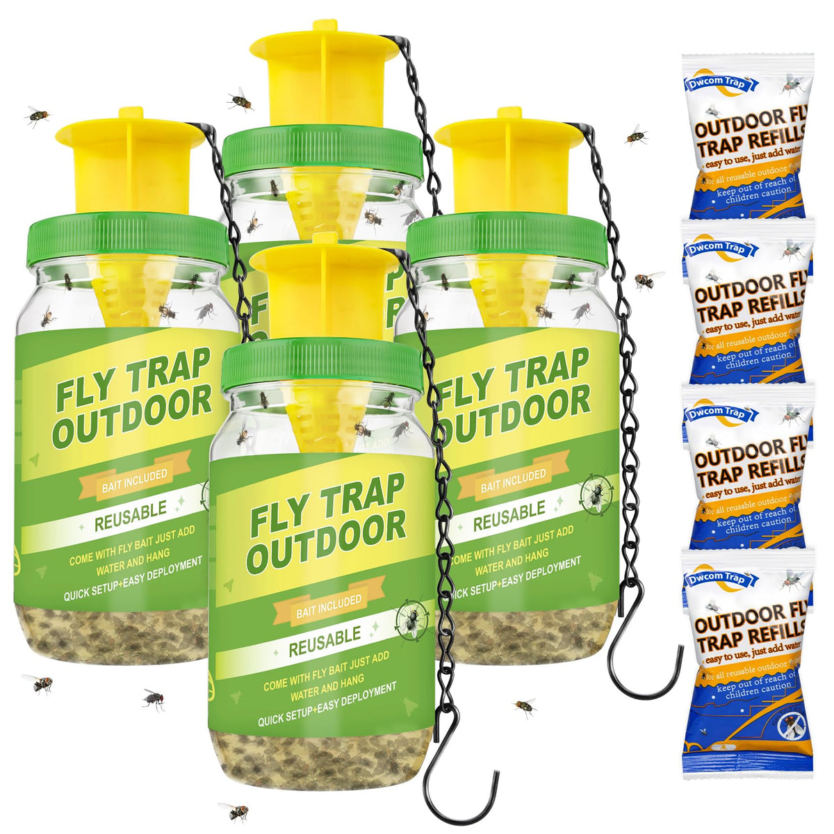Dwcom Trap outdoor fly trap hanging in a garden to curb flies