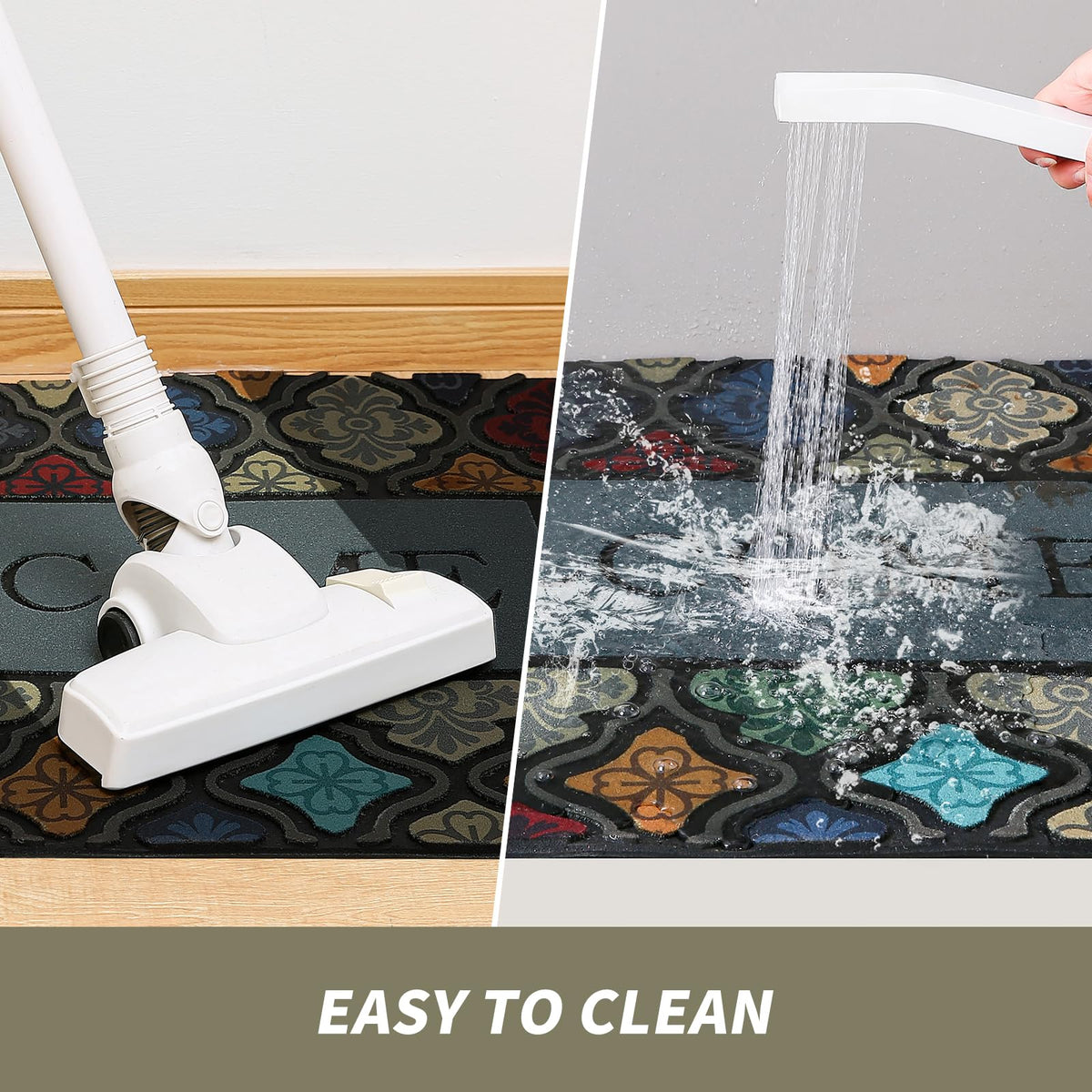 DWKKX easy-clean mat rinses clean with a hose or broom.