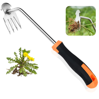 DWULCX Weed Puller Tool with four teeth for quick weed removal in gardens.