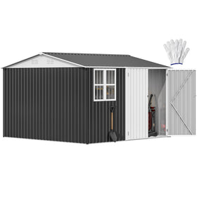 DWVO 10x10 shed exterior front view shows weatherproof metal construction for patio storage