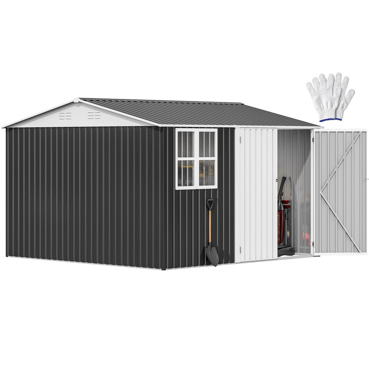 DWVO 10x10 shed exterior front view shows weatherproof metal construction for patio storage