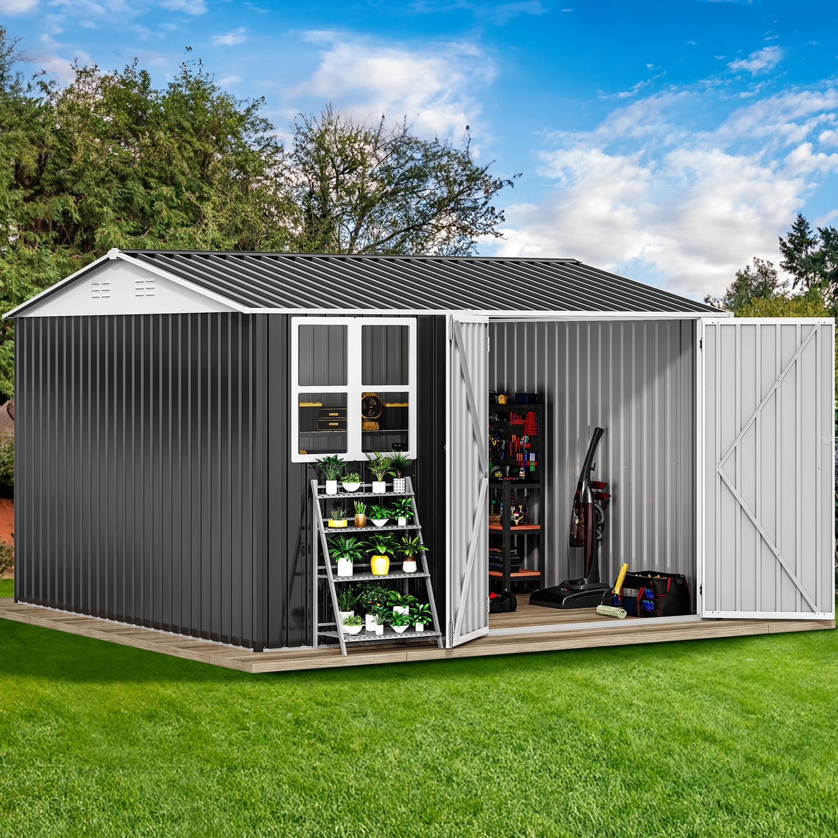 DWVO 10x10 shed side view highlights interior space for tools and bikes