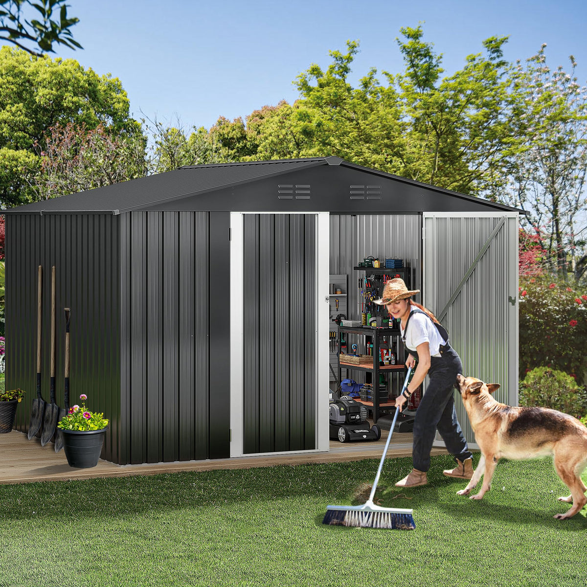 DWVO 10x8ft shed door detail highlighting easy access and secure valuables.