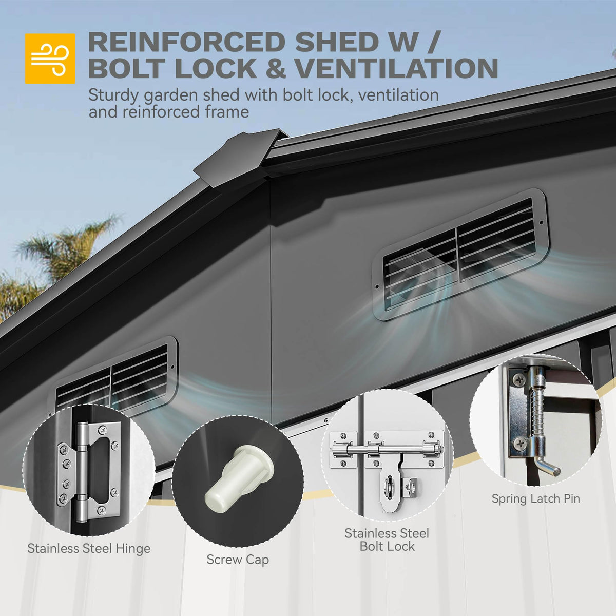 DWVO 10x8ft shed sloped roof design aiding water runoff and protection.