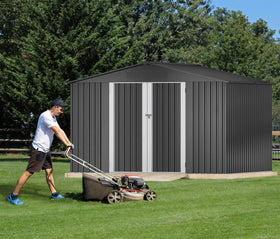 DWVO 10x8ft shed side profile showing spacious interior for bikes and mower storage.
