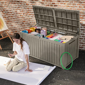 DWVO 220-gallon patio box with lid open for quick access to outdoor gear.