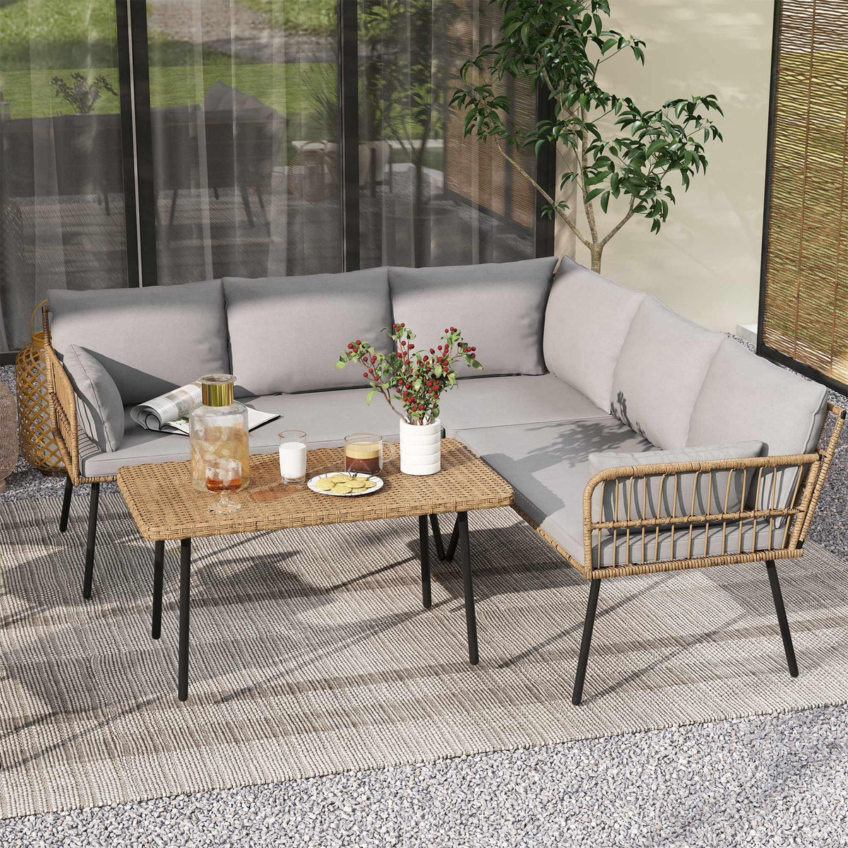 DWVO 4-piece outdoor sectional in grey offers versatile L-shape for patios and decks.