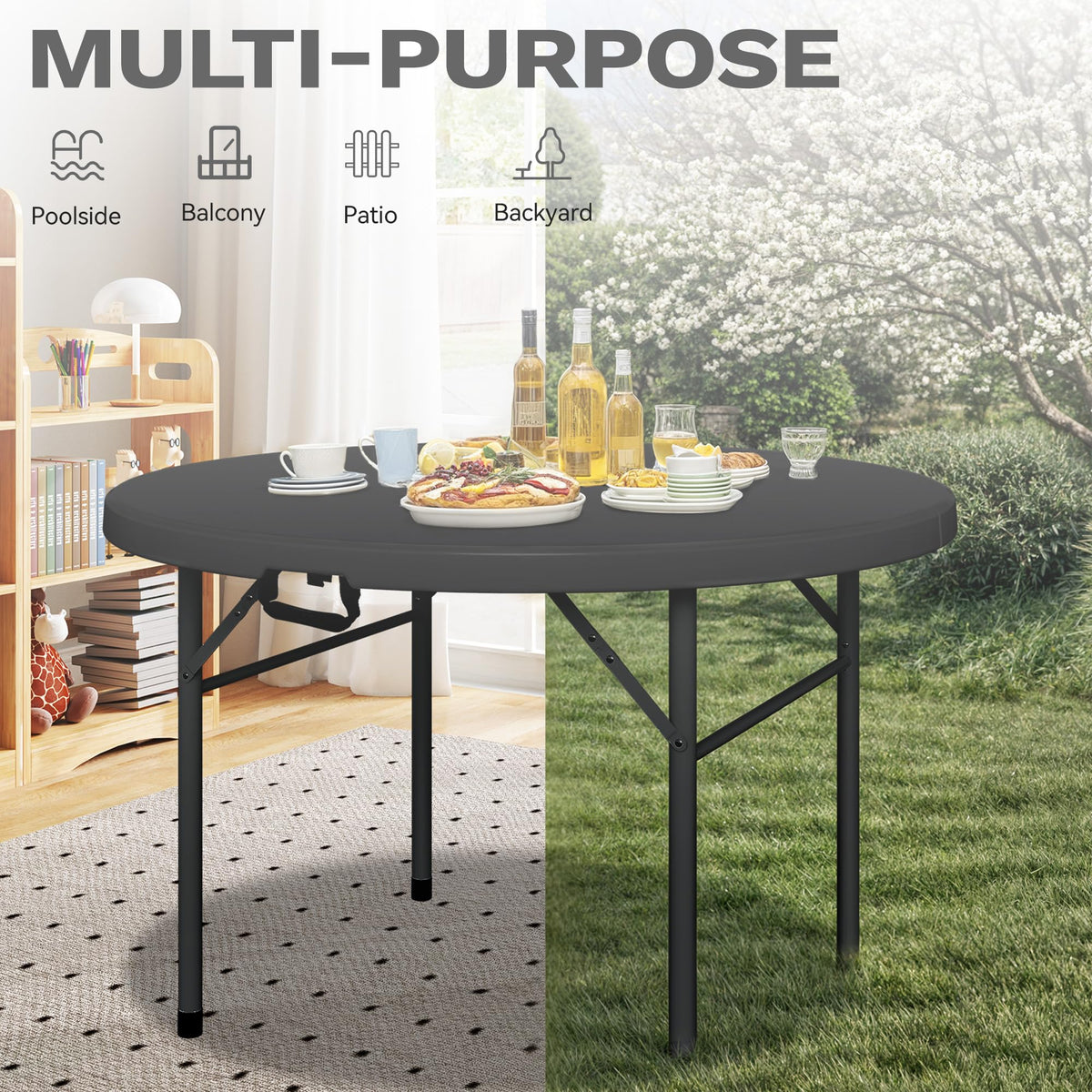 DWVO 48-inch round table tabletop detail highlights thick HDPE surface