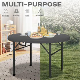 DWVO 48-inch round table tabletop detail highlights thick HDPE surface