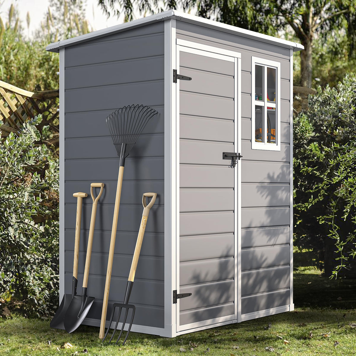 DWVO 5x3 ft shed exterior front in gray, secure storage for garden tools.
