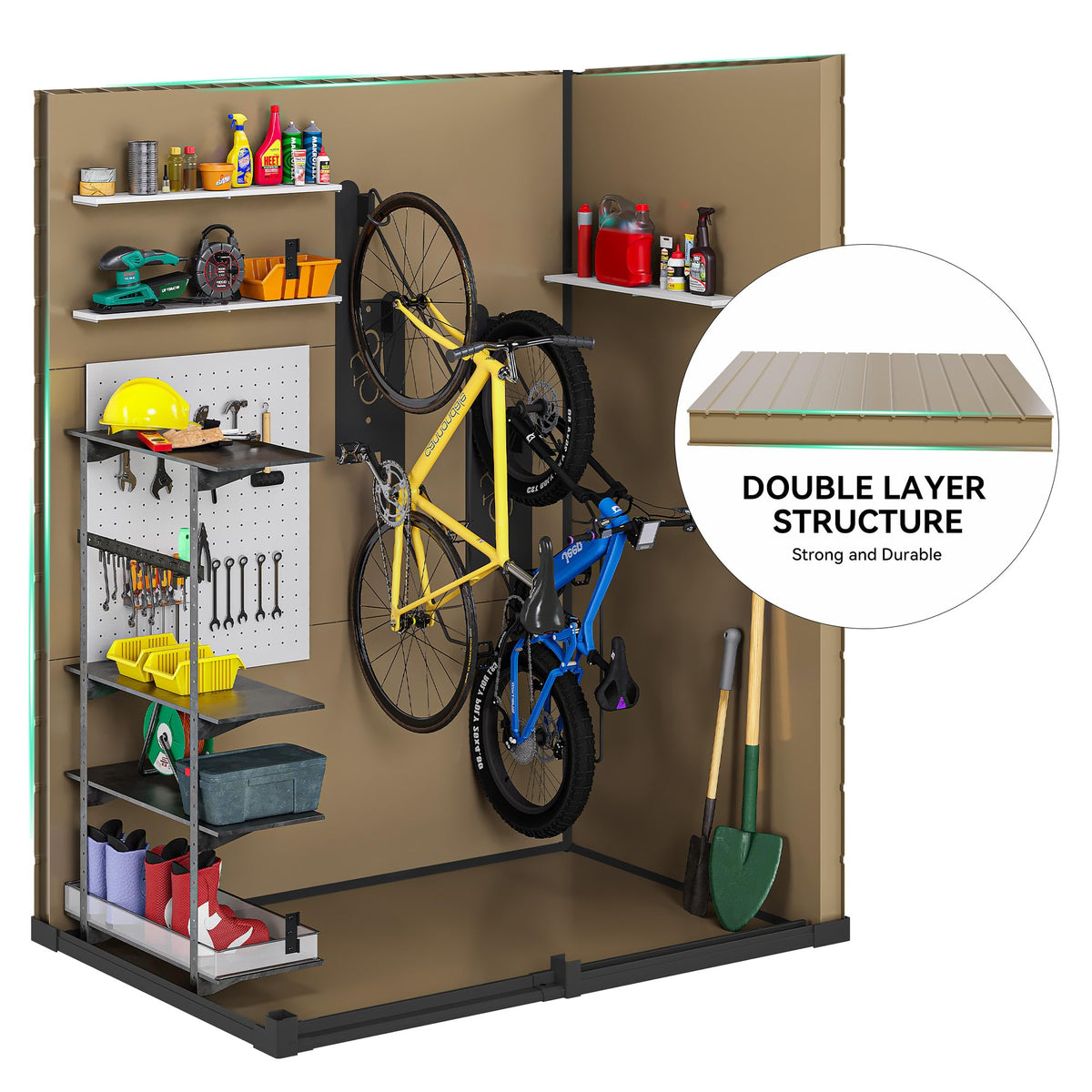 DWVO PVC floor in shed keeps contents dry and stable during use