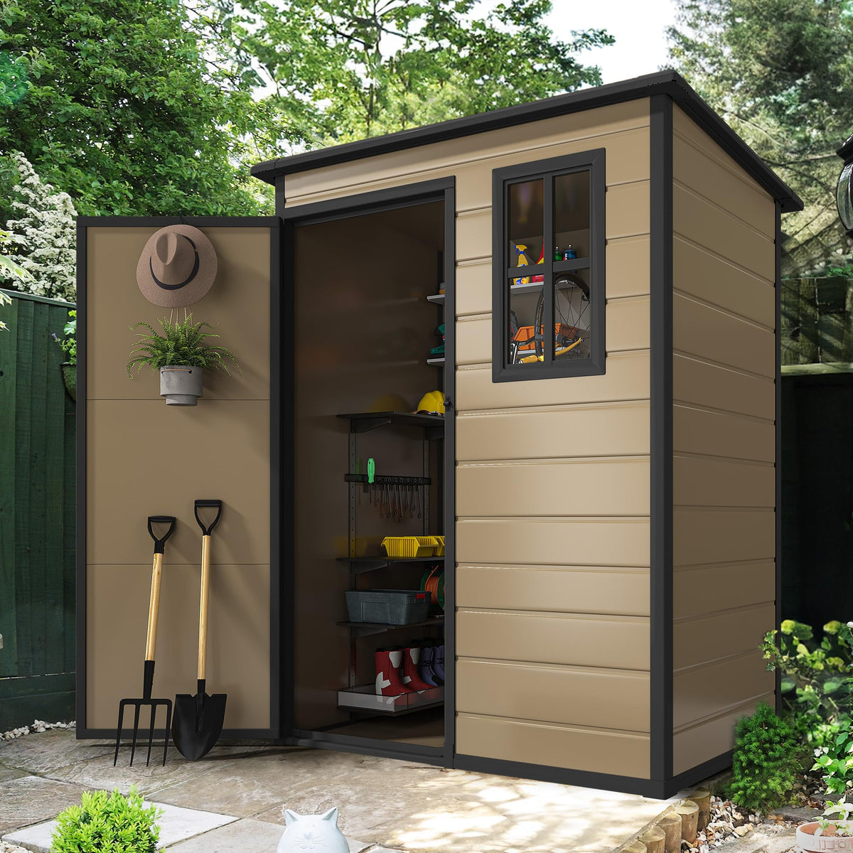 DWVO resin shed with window interior lighting for daylight storage