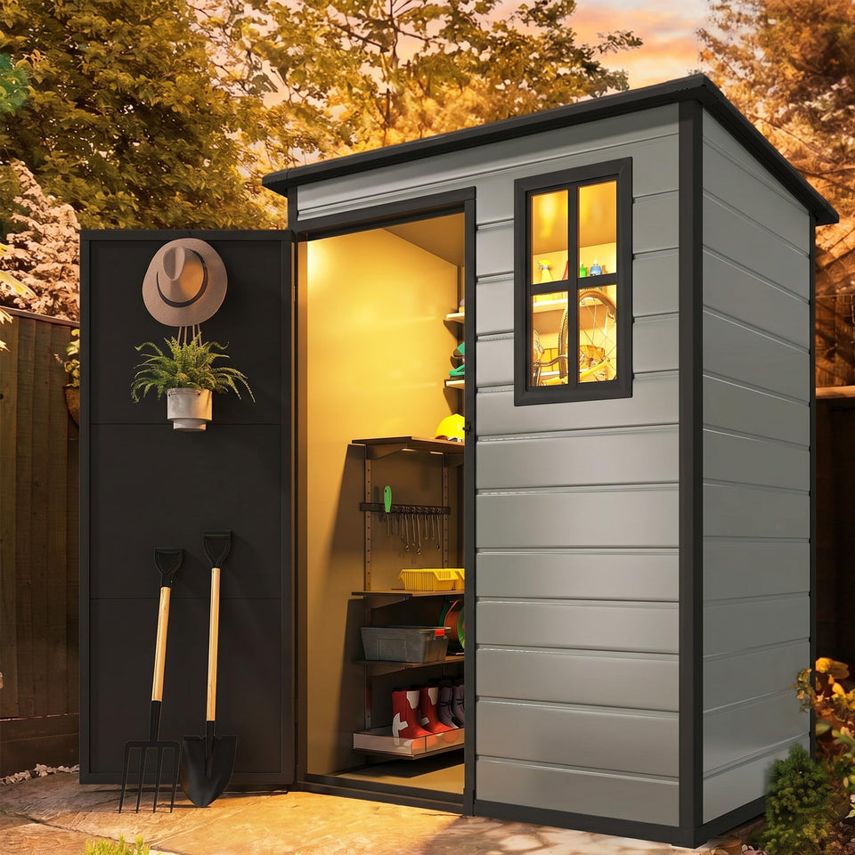 DWVO 5x3ft resin storage shed floor view; sturdy base supports heavy items.