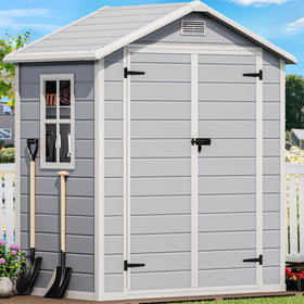 DWVO 6x4 ft resin storage shed exterior shows durable, weatherproof housing for garden tools.