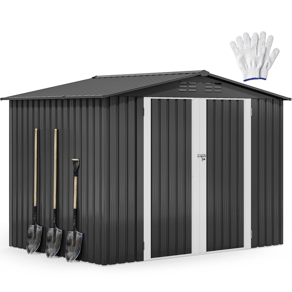 DWVO 7x5 large metal shed front view showing durable galvanized steel.
