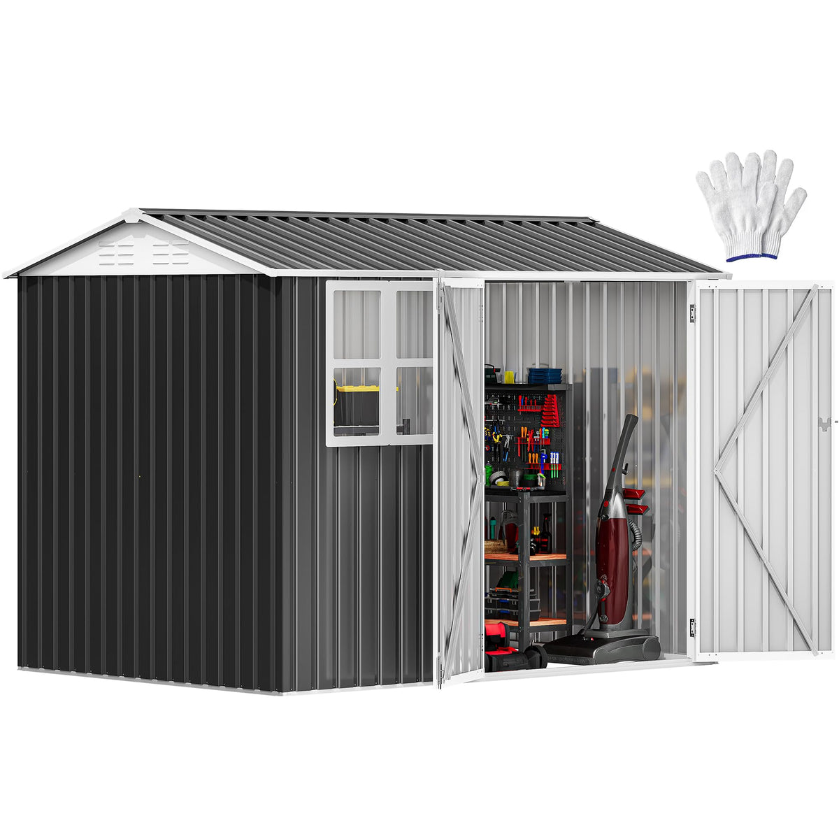 DWVO 8x6ft storage shed front view showing spacious entry for easy tool access