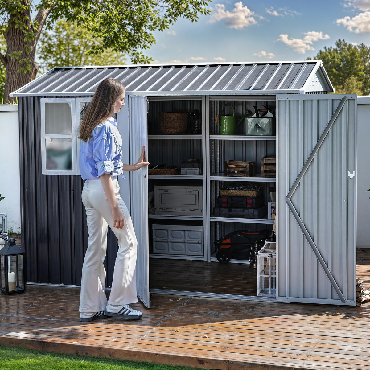 DWVO 8x6ft storage shed sloped roof preventing water buildup and gear protection
