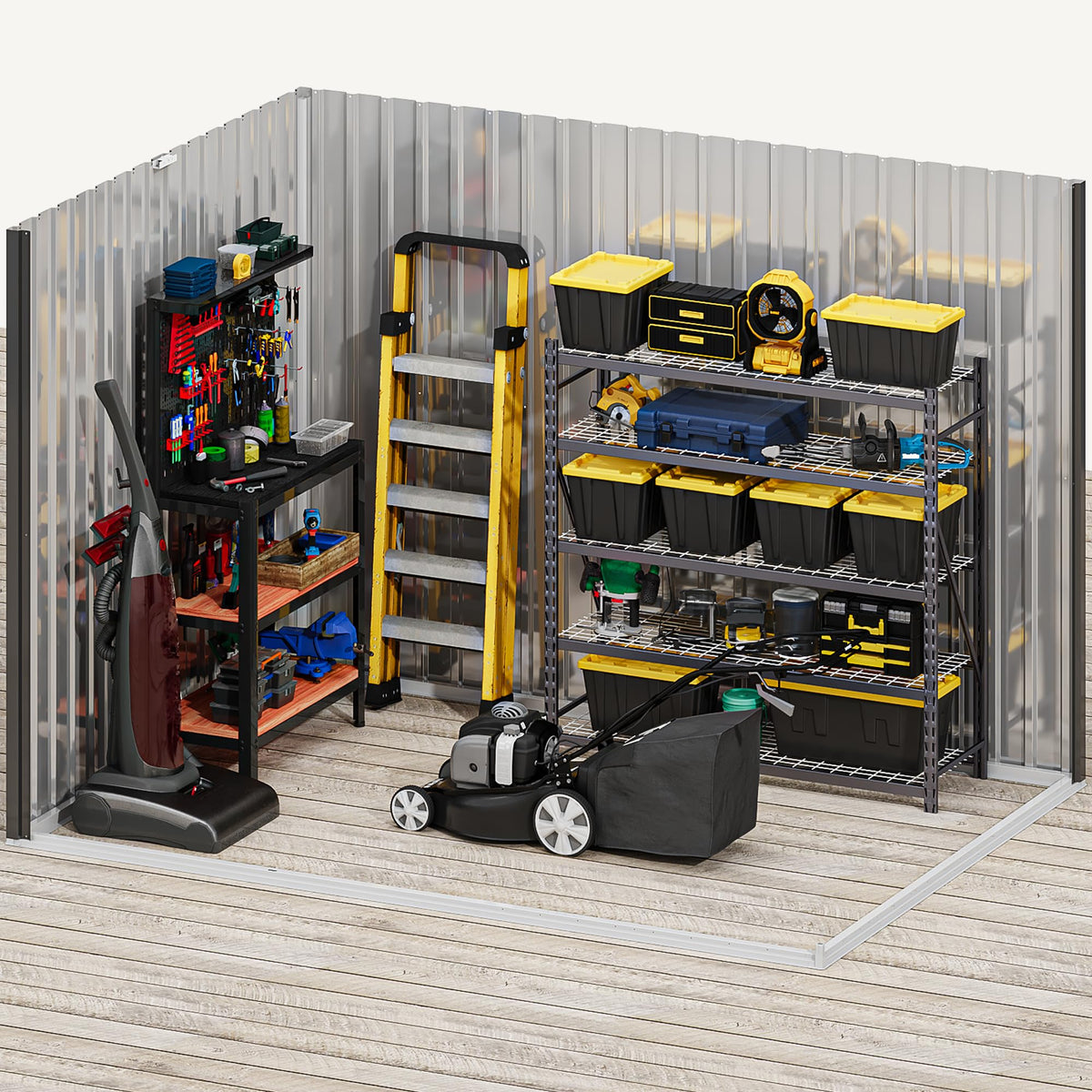 DWVO 8x6ft storage shed keeps garden tools organized and within reach