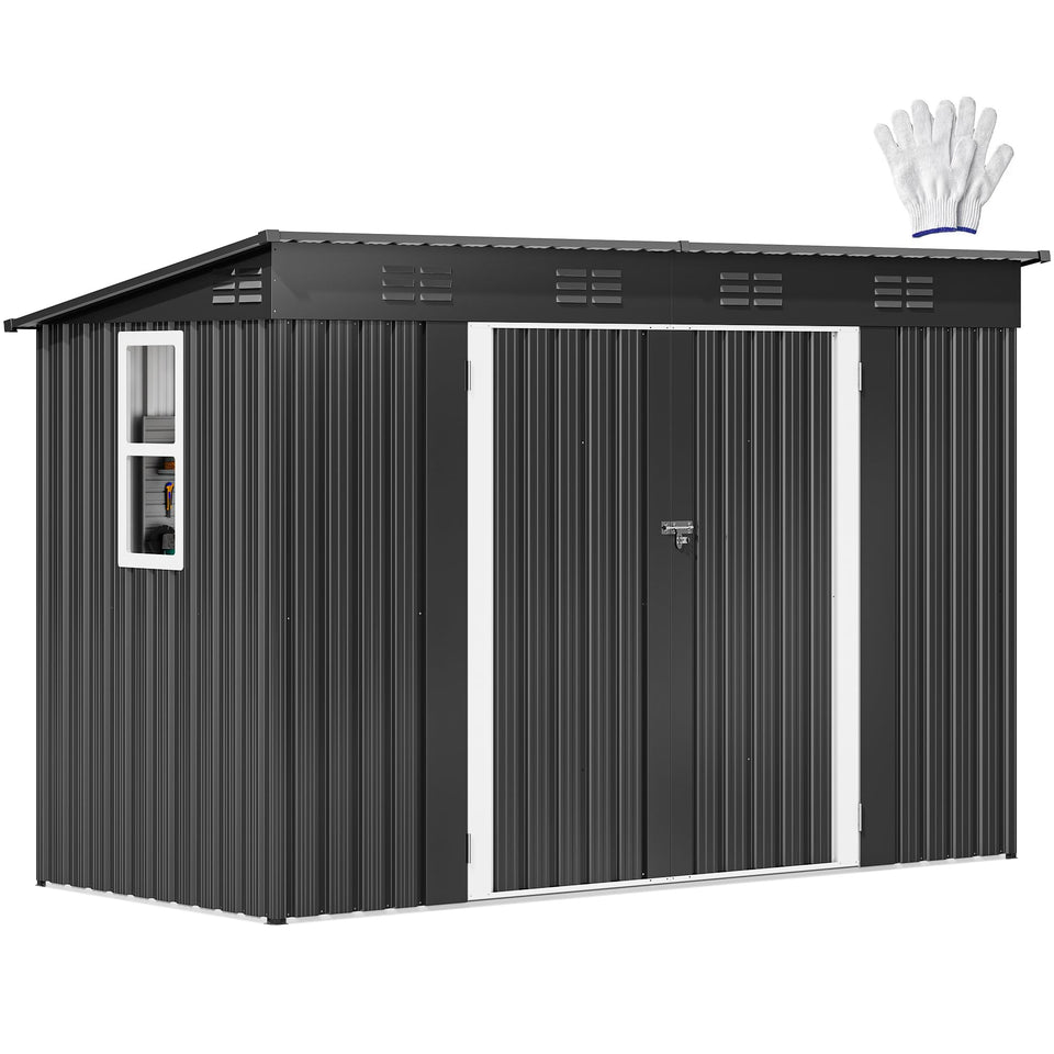 DWVO 9x4ft shed front view with translucent windows for natural light and visibility
