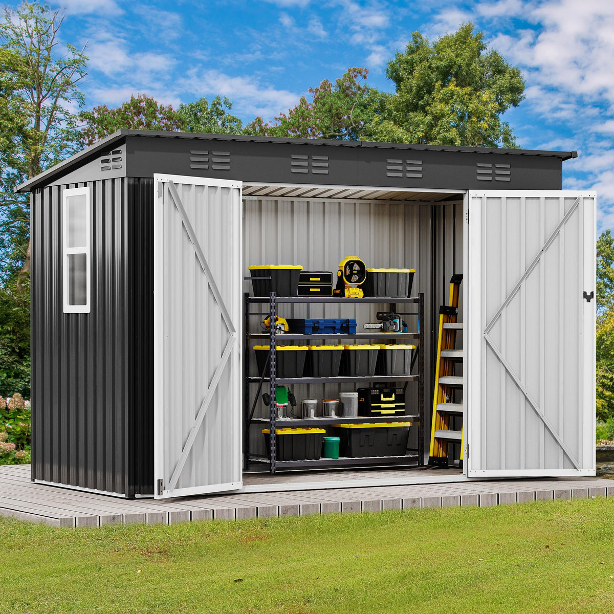 DWVO 9x4ft shed side view highlighting roomy footprint for tools and equipment