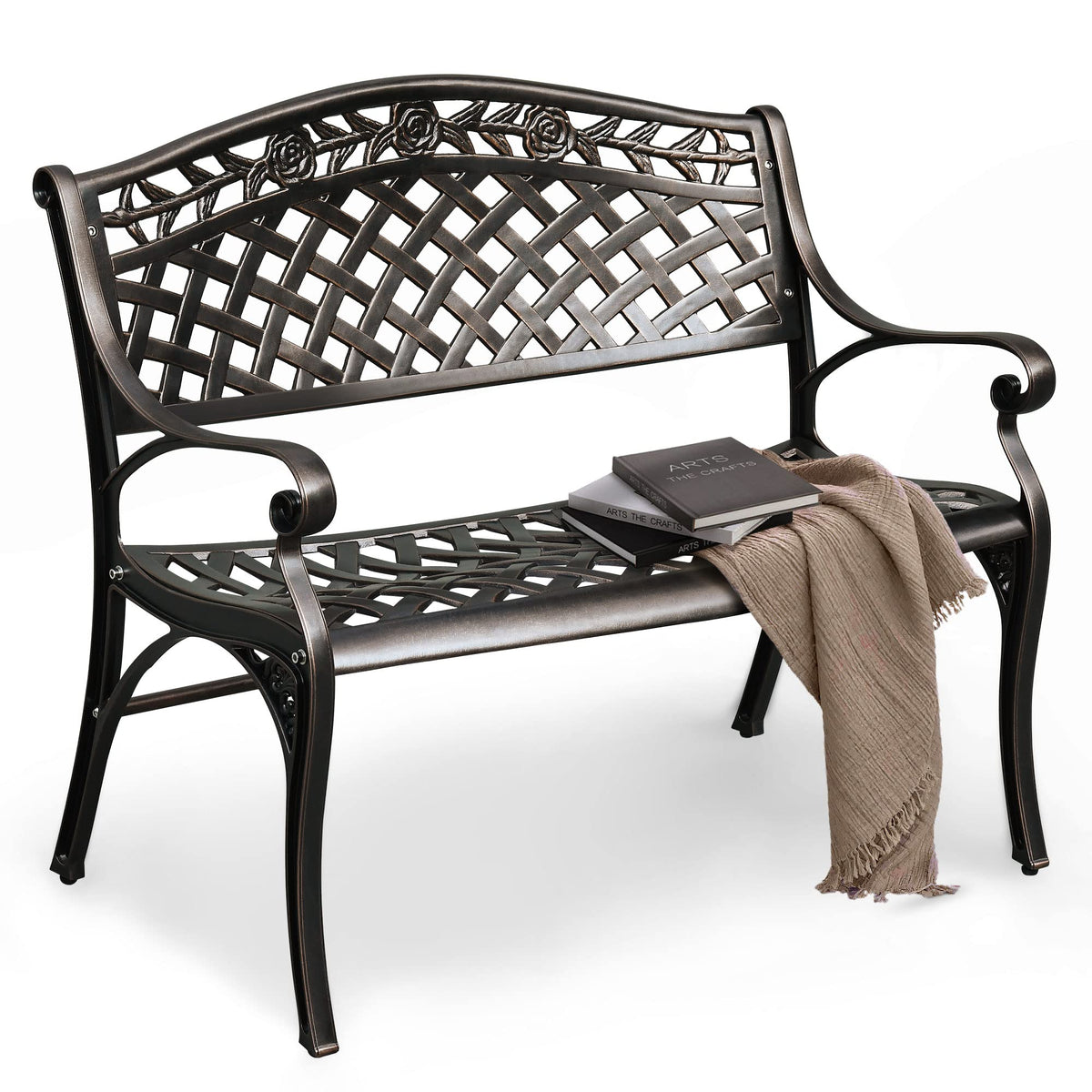 DWVO cast aluminum outdoor bench front view showing sturdy two-seat design