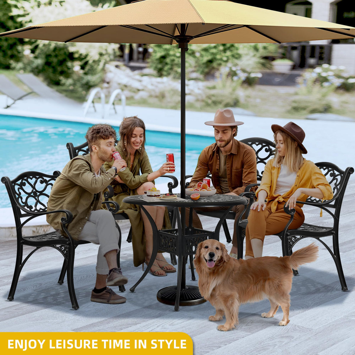 DWVO cast aluminum patio dining table side view emphasizes durability and rust resistance
