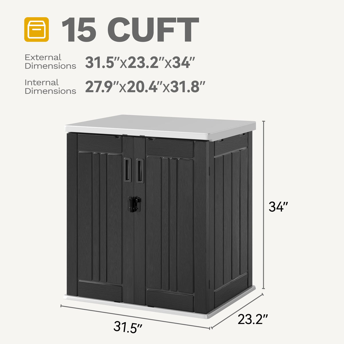 DWVO exterior dimensions emphasize ample storage capacity for yard items.