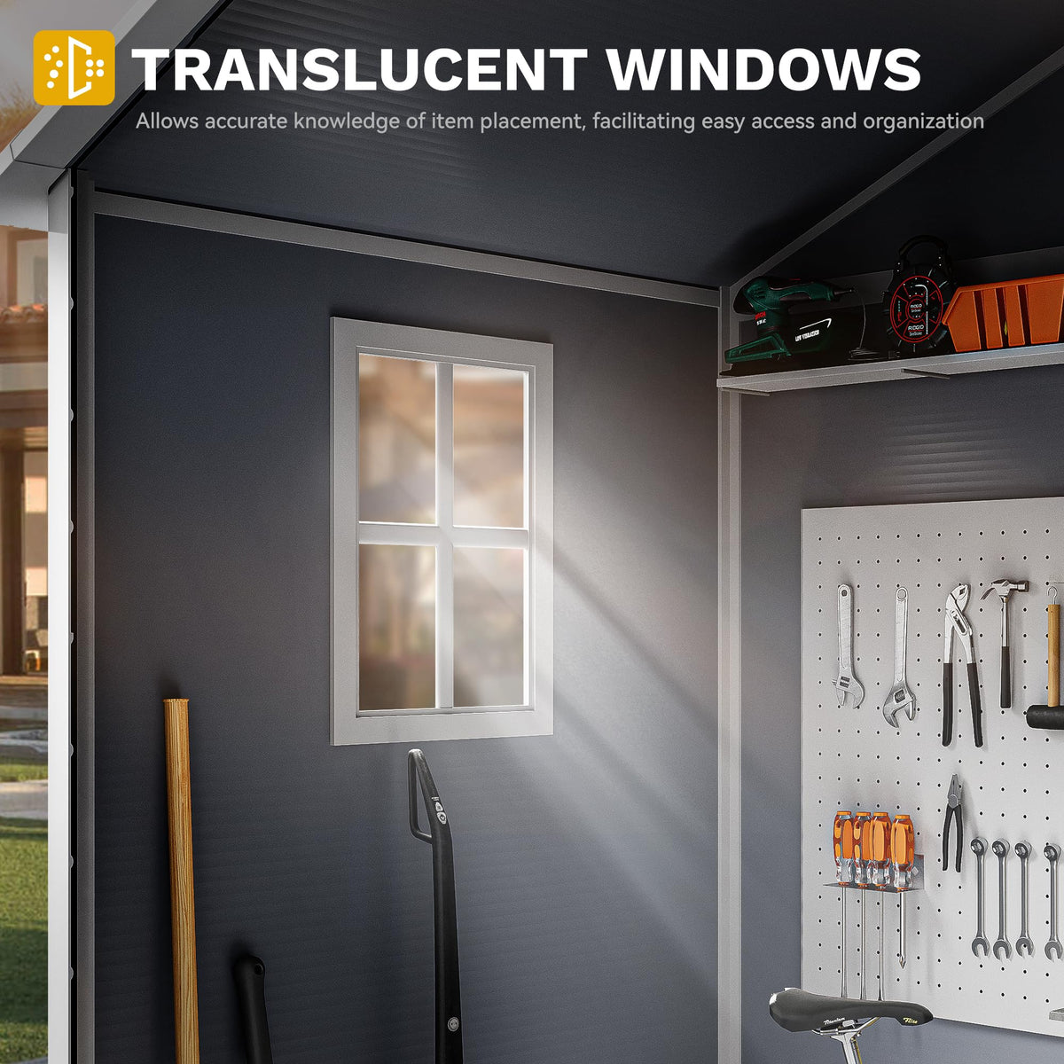 DWVO lockable door and clear panels provide secure, well-lit storage space.