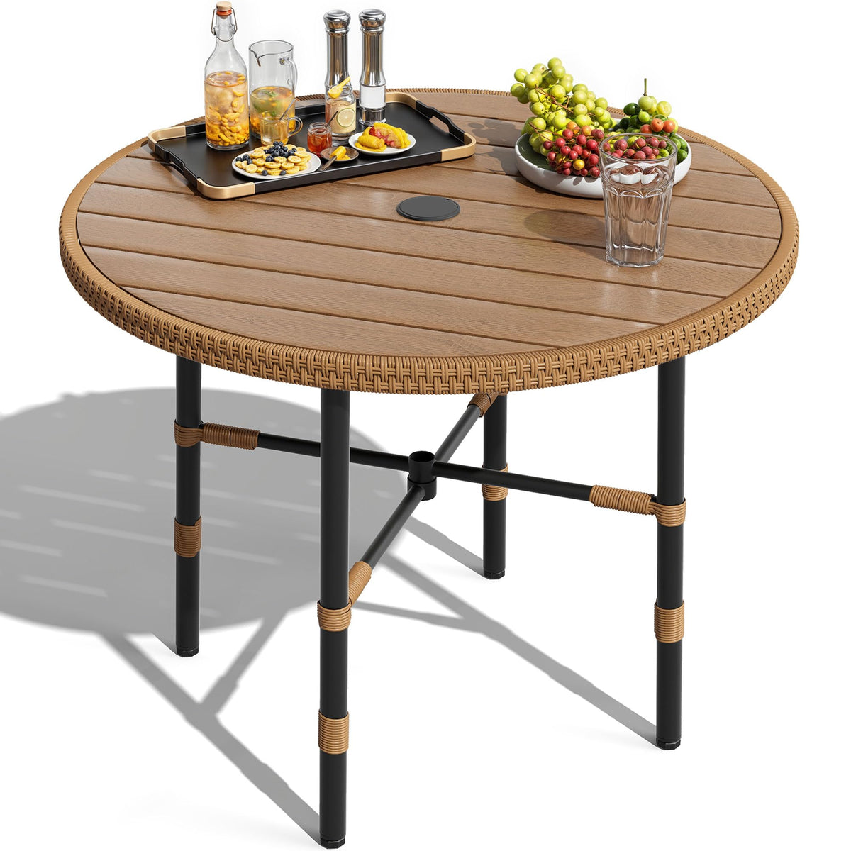 DWVO outdoor round table with umbrella hole for shaded dining outdoors.