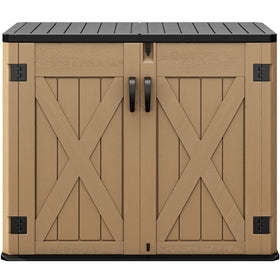 DWVO outdoor shed front view highlighting weatherproof resin and 35 cu ft storage