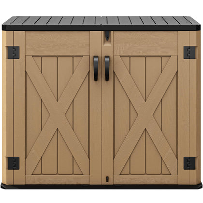 DWVO outdoor shed front view highlighting weatherproof resin and 35 cu ft storage