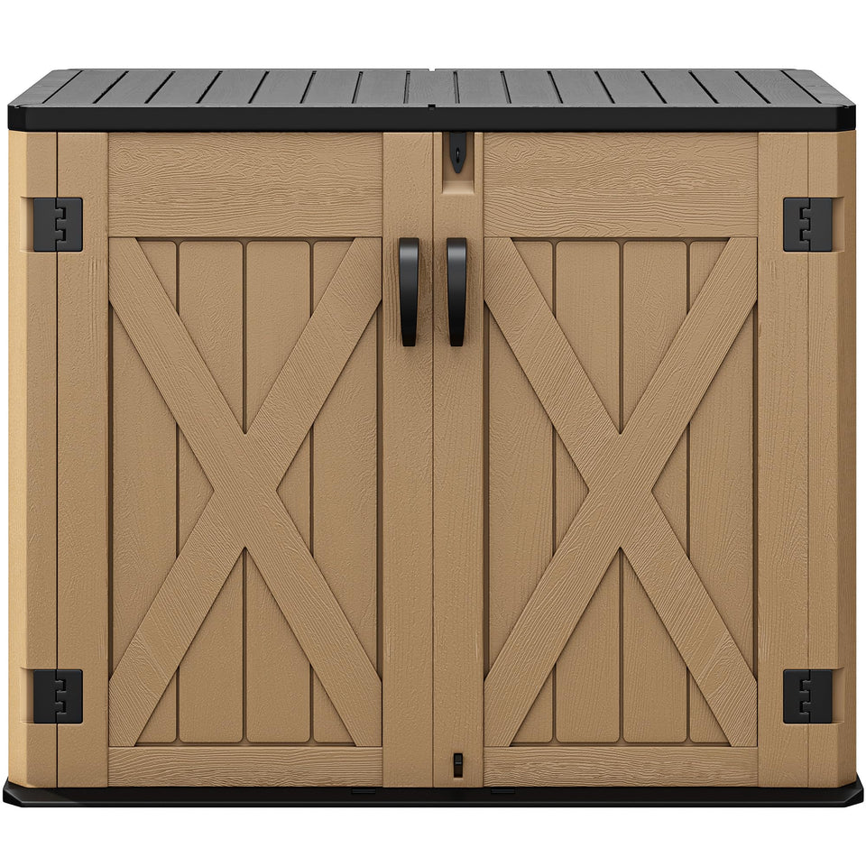 DWVO outdoor shed front view highlighting weatherproof resin and 35 cu ft storage