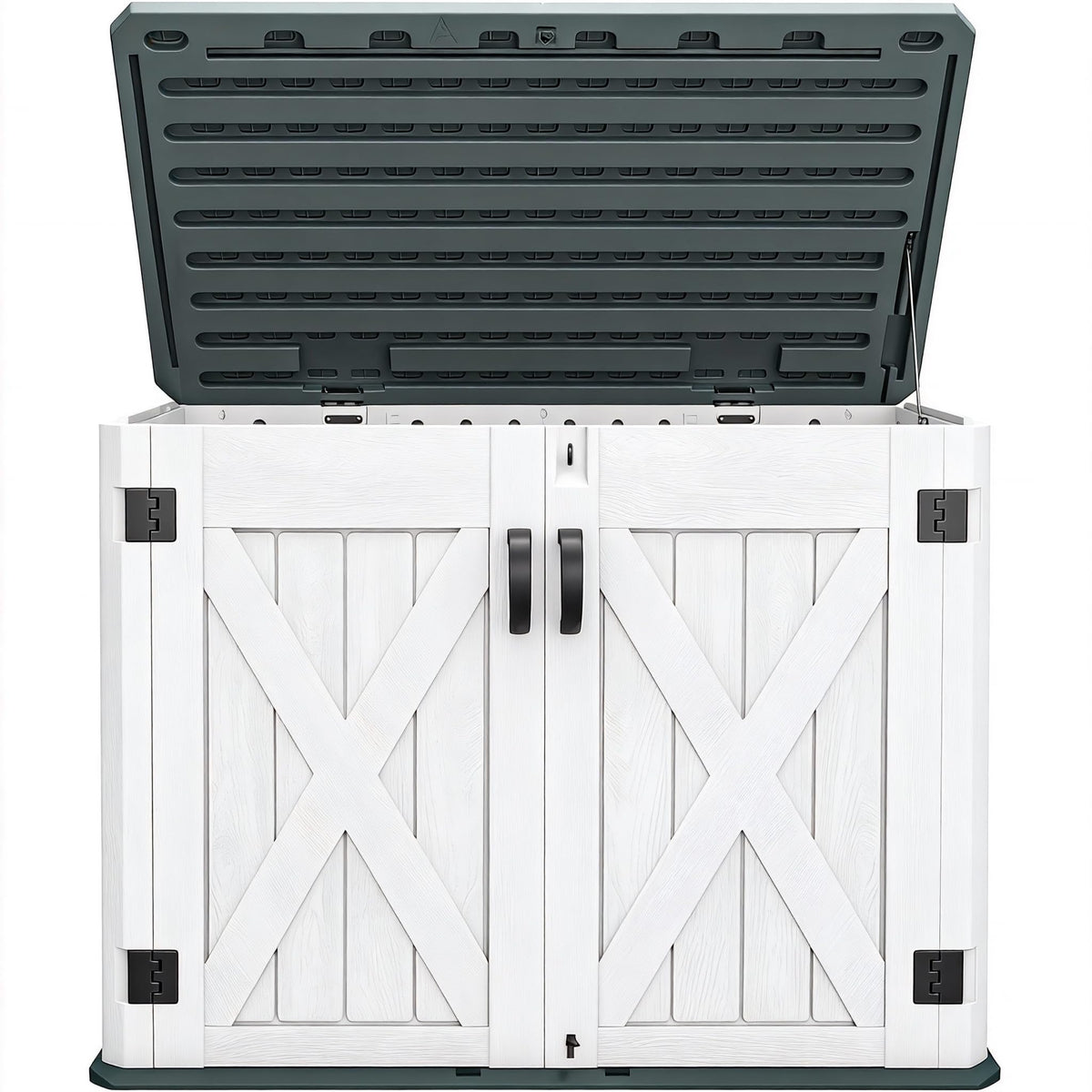 DWVO outdoor storage shed front view shows weatherproof resin for garden tool storage.