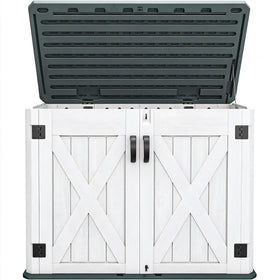 DWVO outdoor storage shed front view shows weatherproof resin for garden tool storage.