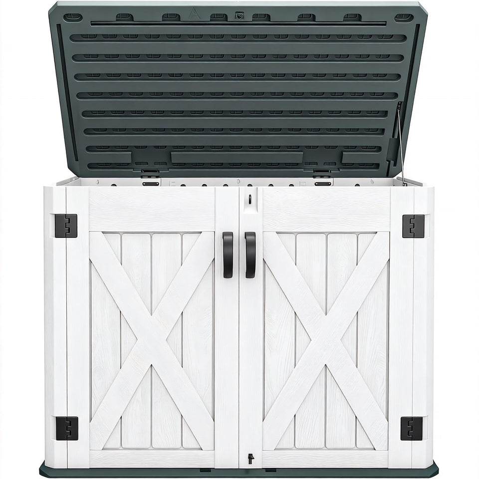 DWVO outdoor storage shed front view shows weatherproof resin for garden tool storage.