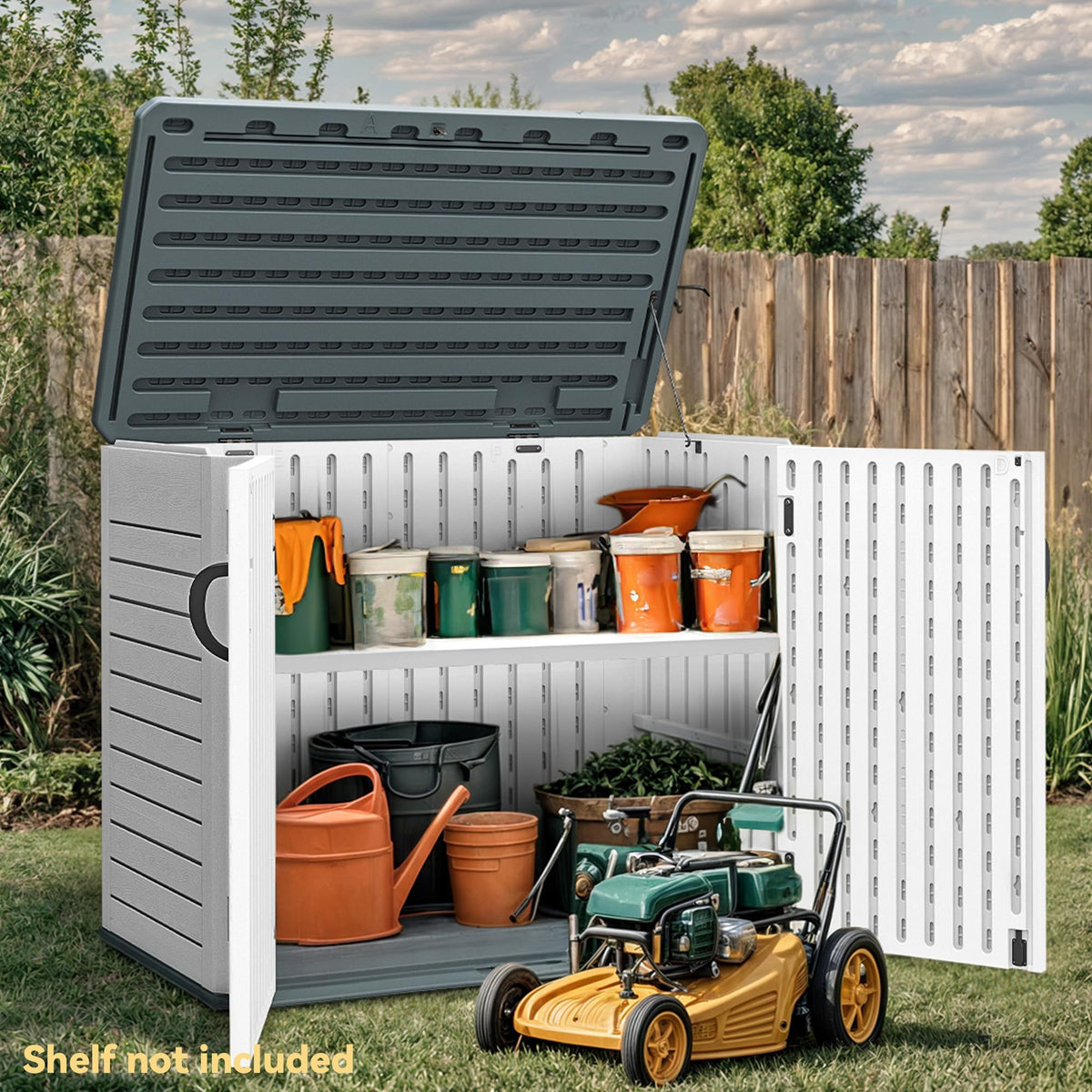 DWVO shed side view demonstrates 35 cu ft capacity for bikes and lawn equipment.