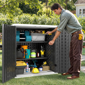 DWVO storage cabinet with adjustable shelves keeps gardening tools neatly organized.