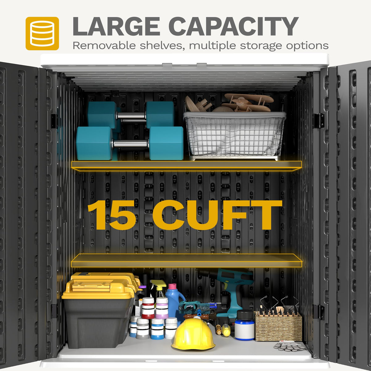 DWVO lockable door outdoor cabinet adds secure tool storage.